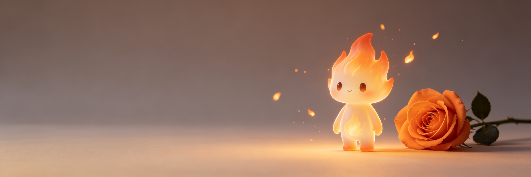 The baby flame-spirit with soft floating glowing embers